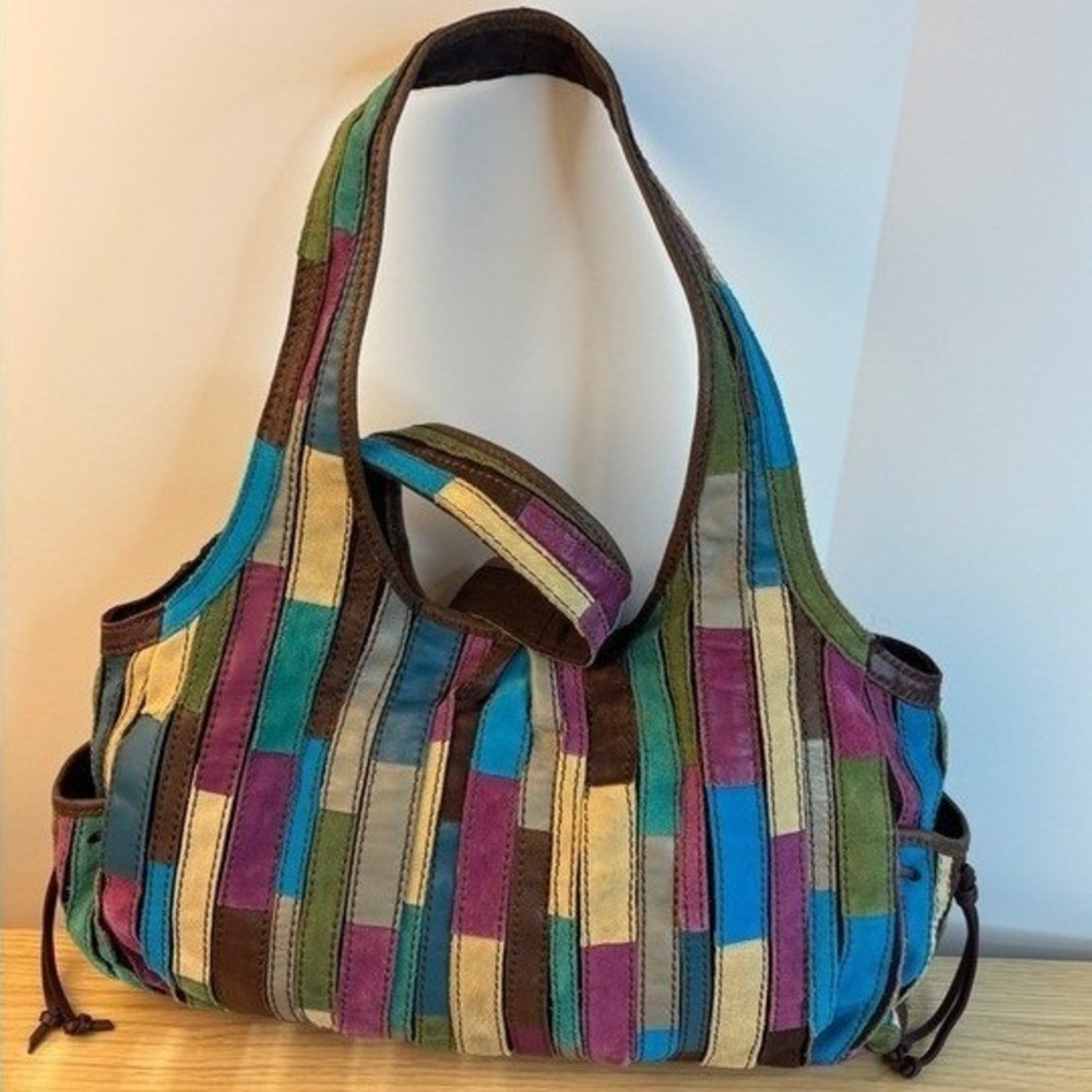 Lucky Brand Handbag Patchwork Leather Suede Boho Hobo Shoulder Bag Multi-Color - Picture 4 of 16